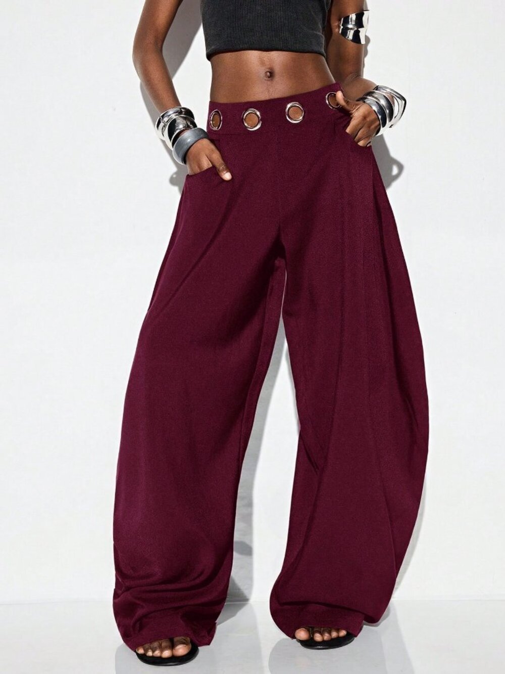Burgundy Casual Women's Oversized Eyelet Waistband Decor barrel Pants